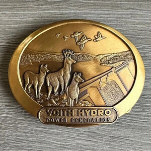 Vintage Voith Hydro Power Plant Brass Belt Buckle With Deer 🦌 & Ducks 🦆